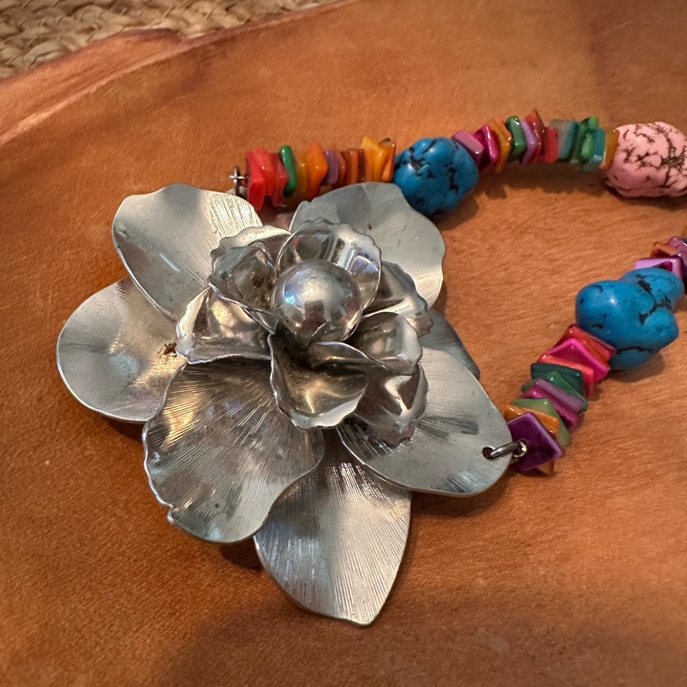 Silver Floral Necklace with Multicolor Beads